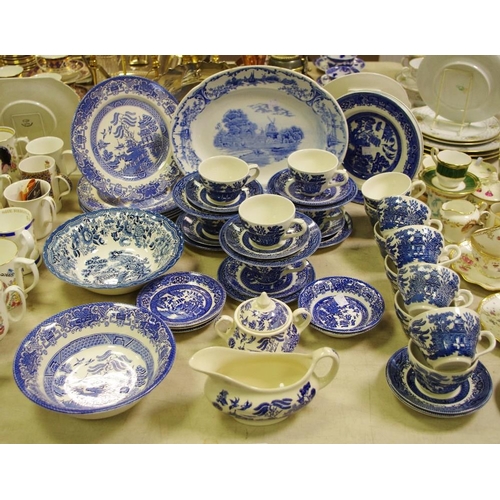 141 - Blue and White including Stoke potteries Delph meat plate, old willow ironstone tea cups, saucers, p... 