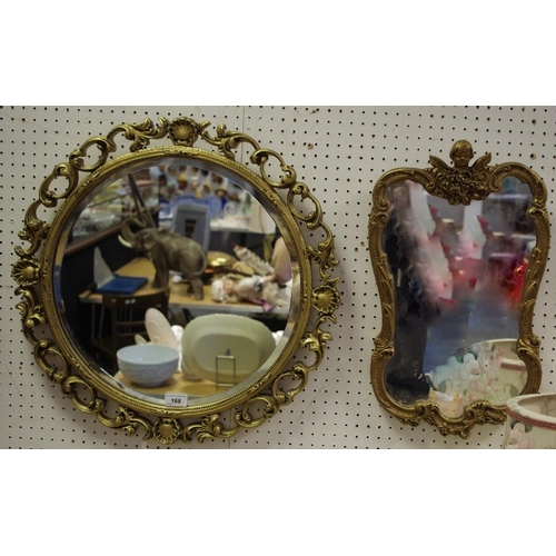 168 - A cartouche shaped Atsonfa wall mirror, gilt frame; another, circular. (2)