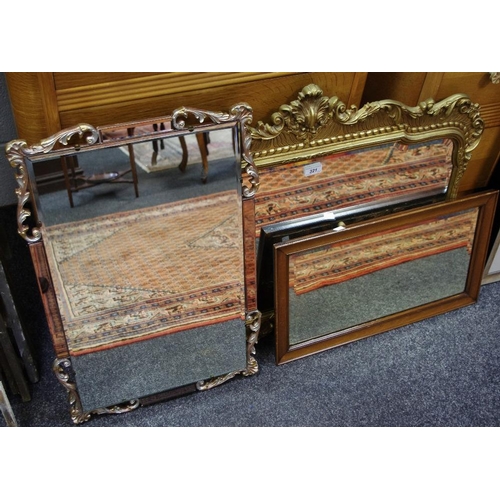 321 - A Rococo style gilt metal wall mirror; another; a mahogany framed mirror. (3)