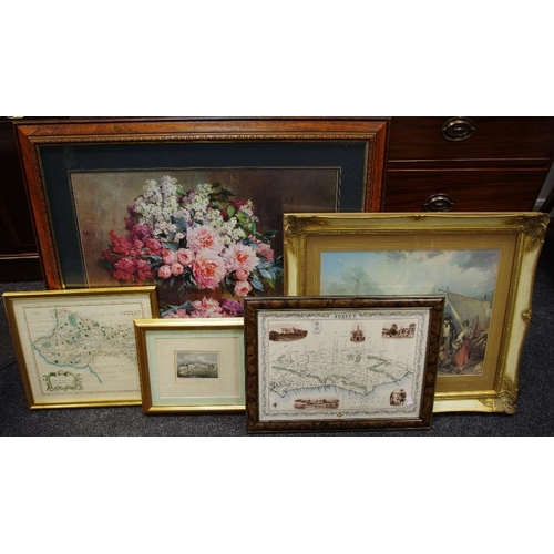 338 - Prints - Selling today's catch on the shore, gilt framed; still life flowers; In The Wood; reproduct... 