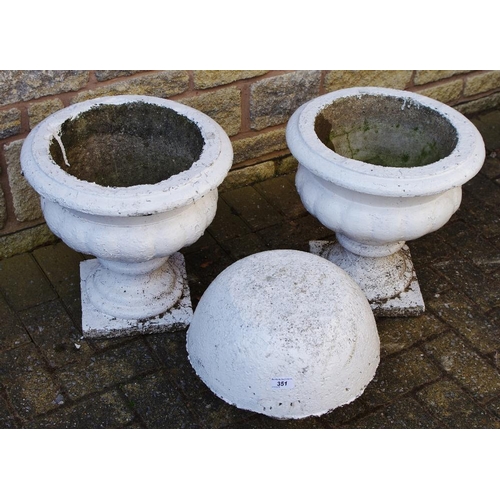 351 - A pair of reconstituted stone painted campana urns; a reconstituted stone painted garden mushroom (3... 