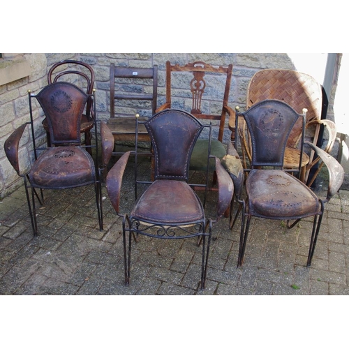 352 - Salvage - three early 20th century embossed leather and wrought iron chairs; another peacock style; ... 