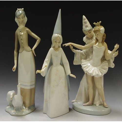 4 - A Lladro Pierrot and Ballerina, others; lady with geese; a Fairy Godmother.