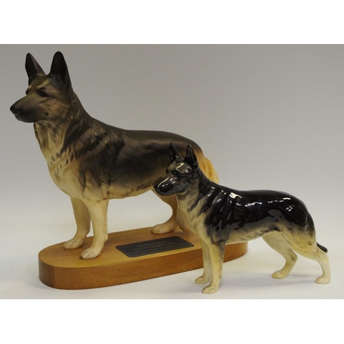 41 - A connoisseur model by Beswick 'Alsatian', raised on a wooden plinth base; a Beswick German Shepard ... 