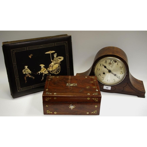 48 - A Japanese Lacquer Bone inlaid postcard album, with cards c1920 -35, a 19th century rosewood mother ... 