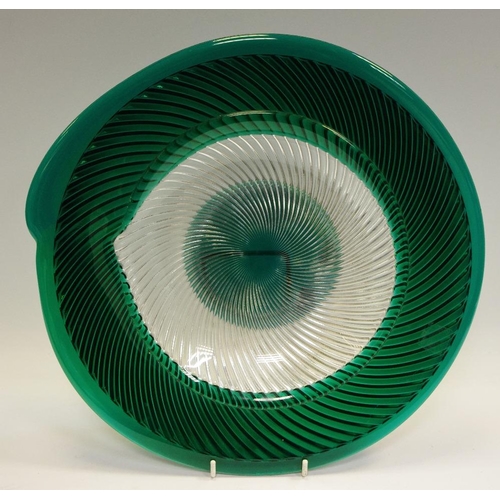 58 - A Riedel Art Glass Bowl, of spiralled form with deep green border.