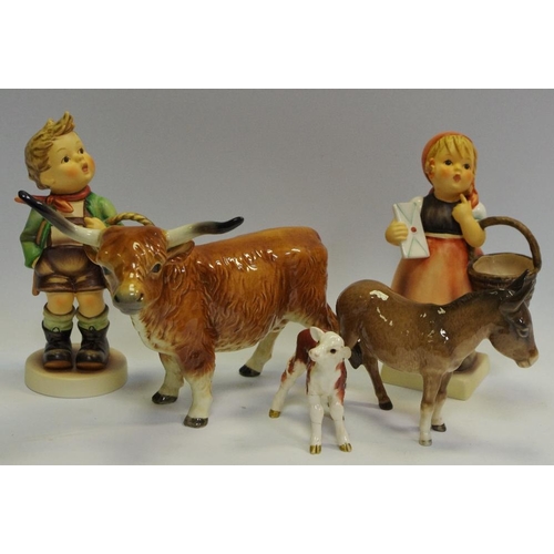 61 - A Beswick model Donkey, printed marks to base; a West German model of Highland Cow; two limited edit... 