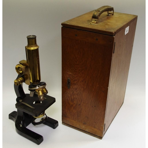 68 - Scientific Instruments - a monocular microscope, by Hearson, London, triple-objective, no.124, cased