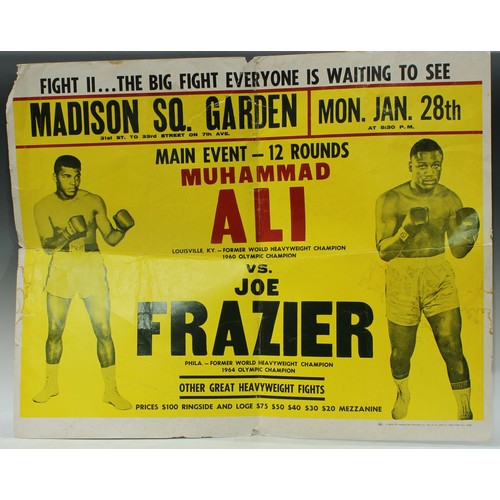 424 - Sport - Boxing - a Muhammad Ali vs Joe Frazier poster; a signed coloured photograph of Frank Bruno (... 