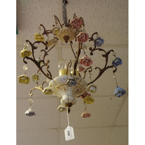 169 - An early 20th century gilt metal and ceramic chandelier with blue, white yellow & blue drops in the ... 