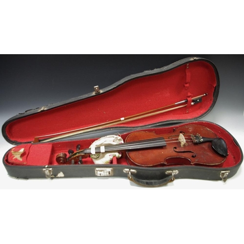 206 - A three quarter violin, cased, one bow