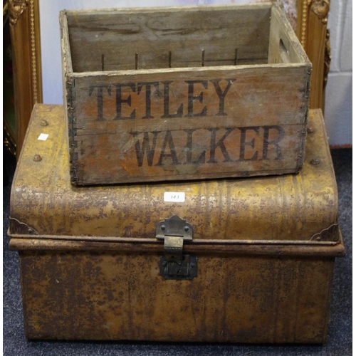 343 - A Tin Trunk, along with a wooden crate marked 'Tetley Walker'