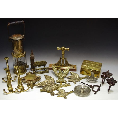 54 - Brass ware and metalware -  a miner's safety lamp; cigarette box with embossed bamboo decoration; do... 