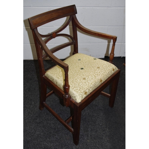 153 - A Regency mahogany open arm chair, curved top rail, x frame splat, outswept reeded arms, turned upri... 