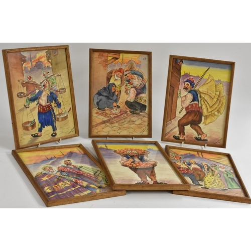 3078 - Turkish School (20th century) A set of six, Constantinople cartoon portraits, street vendors, each m... 