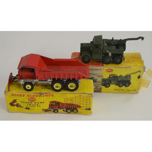 3231 - Dinky Supertoys 959 Foden Dump Truck with Bulldozer Blade with plastic windows, red cab, silver chas... 