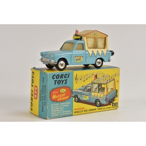 3244 - Corgi Toys 474 Musical Walls Ice Cream Van on Ford Thames, blue/cream body, spun wheel hubs working ... 