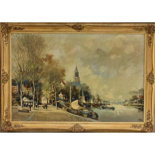 1090 - Continental School (20th century) Dutch Urban Riverscape indistinctly signed and dated, oil on canva... 