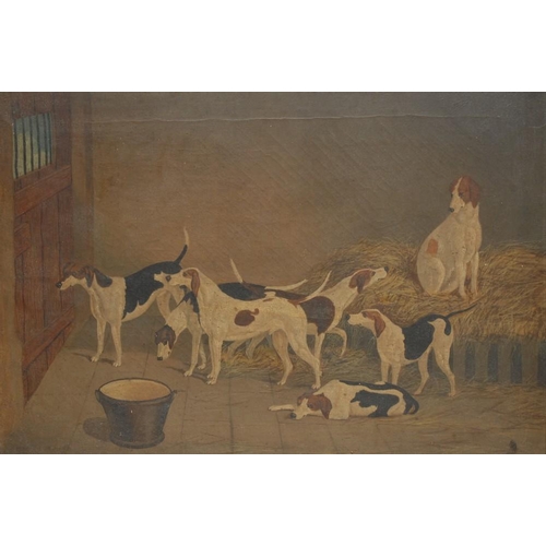 1100 - English School (early 19th century) Kenneled Fox Hounds at Rest oil on canvas, 46cm x 67cm, indistin... 