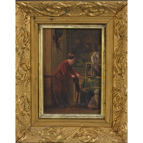 1108 - French School (19th century) The Dilettante  oil on mahogany panel, 16cm x 10.5cm, ink manuscript la... 