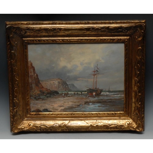 1114 - Impressionist School Off Loading the Cargo before the Cliffs  oil on board, 29cm x 40cm