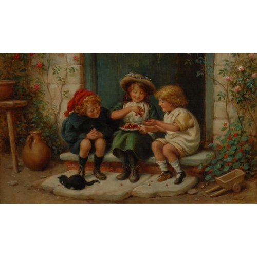 1115 - J Clark (19th century) The Cherry Eaters signed, oil on canvas, 27cm x 44.5cm