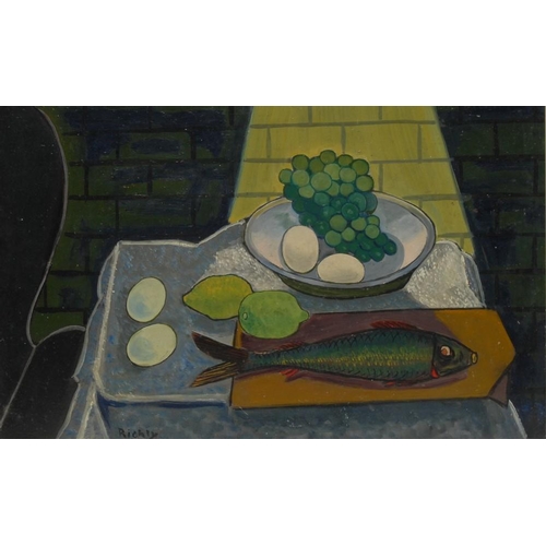 1117 - Rudolf Richly (Austrian Artist, 1886 - 1975)  Still Life, Fish, Limes and Fruit signed, oil on board... 