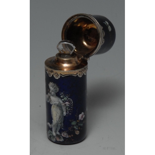 1147 - A 19th century silver mounted enamel cylindrical scent bottle, painted with a romantic infant and sc... 