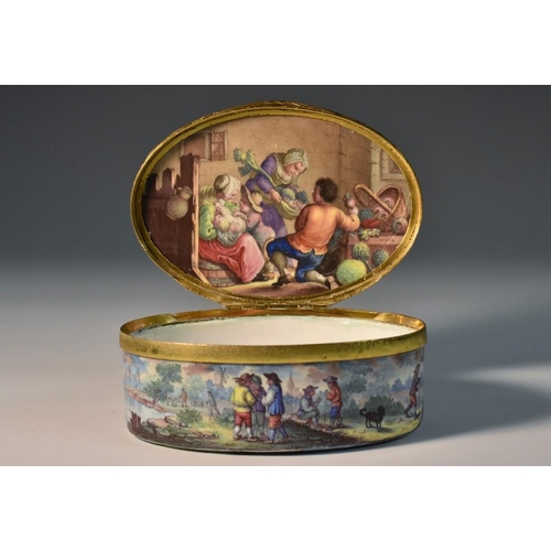 1156 - A good George III Battersea enamel oval table snuff box, painted with Bruegelesque scenes of maids, ... 