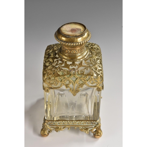 1173 - A 19th century French Palais-Royal gilt-metal mounted and cut glass square scent bottle, the hinged ... 