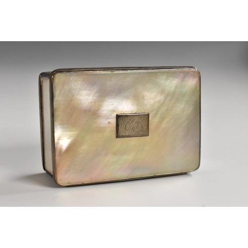 1182 - An early 19th century silver coloured metal mounted mother of pearl rectangular snuff box, hinged co... 