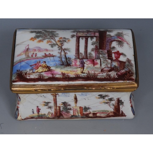 1192 - An 18th century Birmingham enamel rectangular box, the cover enamelled with classical columns, the s... 