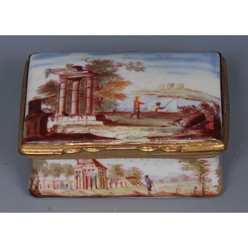 1193 - An 18th century Birmingham enamel rectangular box, the cover enamelled with classical columns and fi... 