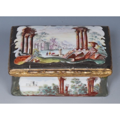 1194 - An 18th century Birmingham enamel rectangular box, the cover enamelled with classical ruins, the sid... 