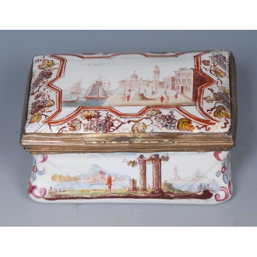 1195 - An 18th century Birmingham enamel rectangular box, the cover enamelled with busy Italian port, withi... 