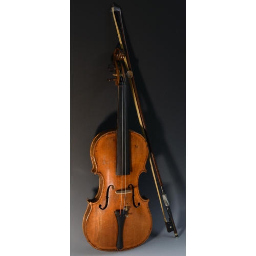 1197 - A violin, the one-piece back 35.6cm long excluding button, outlined throughout with purfling, 58.5cm... 