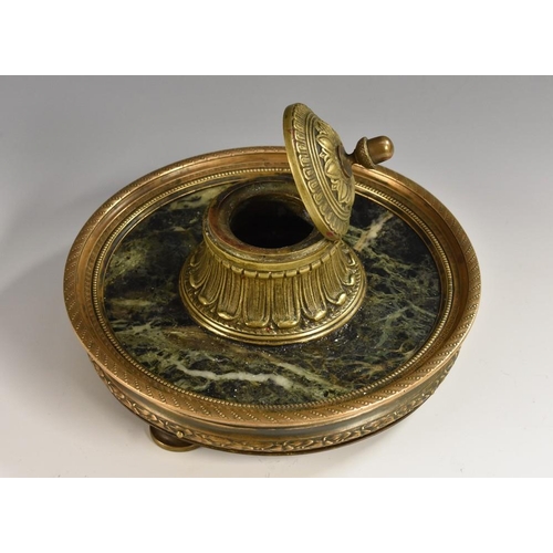 1198 - A French verte antico marble and bronze circular inkwell, hinged cover cast with lotus, dished base,... 