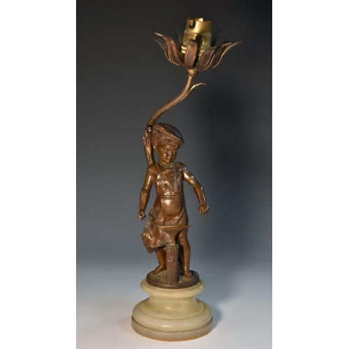 1200 - Victor Seifert (Austrian, 1870 - 1953), after, a brown patinated bronze figural table lamp, of a boy... 