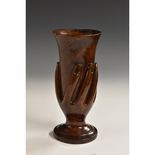 1201 - Tribal Art - a Pitcairn Island vase, carved with a hand, stamped inscription, circular base, 19cm hi... 