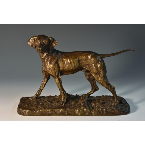 1212 - Pierre-Jules Mêne (1810 - 1879), after, a brown patinated animalier bronze, Chien Braque Seul (Point... 