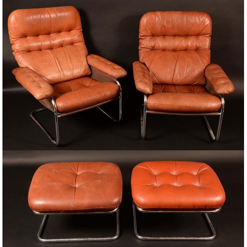 1214 - Modern Design - a pair of tubular metal office armchairs and footstools, by Dux, in the manner of Ma... 