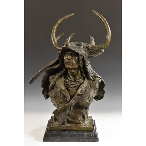 1217 - Milo (20th century), a dark patinated bronze, of a Native American Brave, signed in the maquette, Ta... 