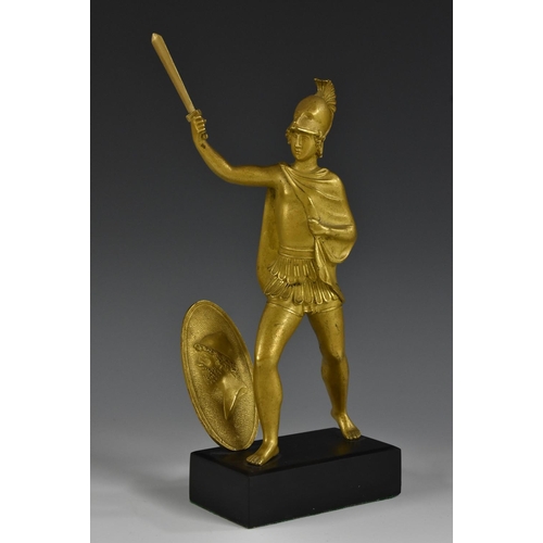 1232 - French School (early 19th century), a gilt patinated bronze, of a Greek Warrior, boldly striding for... 