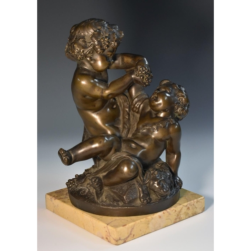 1236 - French School (19th century), a dark patinated bronze, Bacchic Revelry, putto and satyr on a lion sk... 