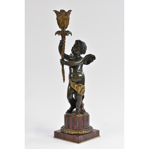 1237 - French School (19th century), a brown patinated bronze and Griotte marble figural candlestick, cast ... 