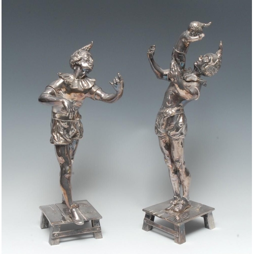 1247 - Auguste de Wever (1836-1910), silvered bronzes, a pair, Jesters, 34.5cm, signed