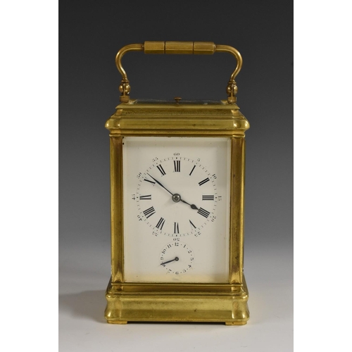 1255 - A 19th century gilt brass repeating alarum carriage clock, 6.5cm rectangular enamel dial inscribed w... 