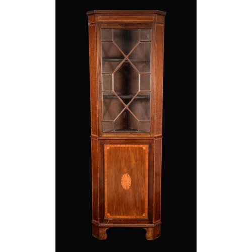 1263 - An Edwardian mahogany splay fronted floor standing corner display cabinet, moulded cornice above an ... 