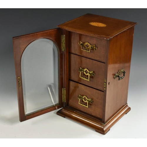 1264 - An Edwardian mahogany and marquetry table cabinet, oversailing rectangular top inlaid with an oval b... 