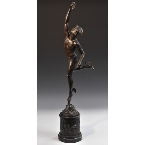 1265 - After Giambologna (19th century), a dark patinated bronze, of Mercury, belge noir columnar base with... 